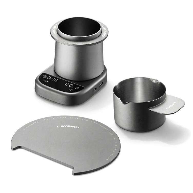 MagAttach magnetic modular coffee scale shown as an exploded view with the scale, magnetic dosing cup and modular extension platform separated